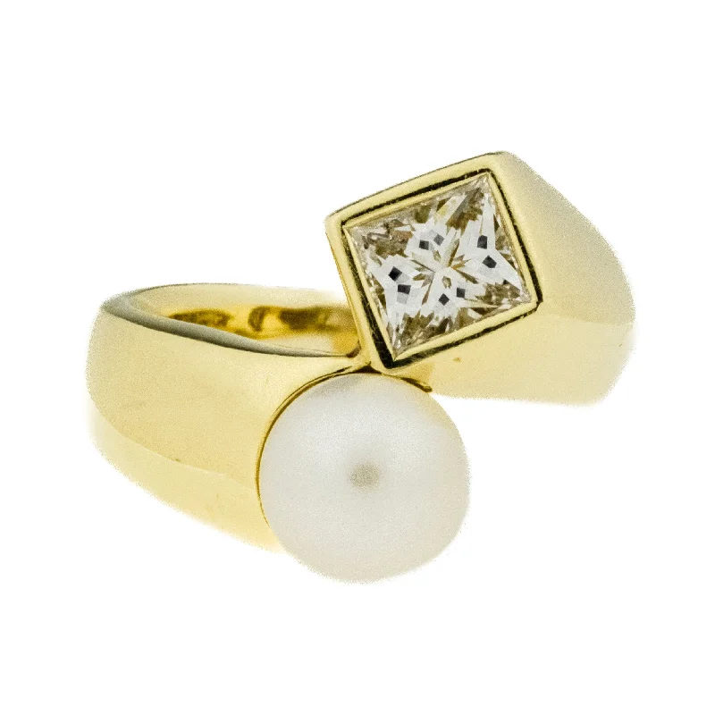 ladies-marquise-cut-platinum-rings-8mm White Cultured Pearl & 1.00ct Princess Cut Diamond in 18K Yellow Gold Ring - Size 6.25