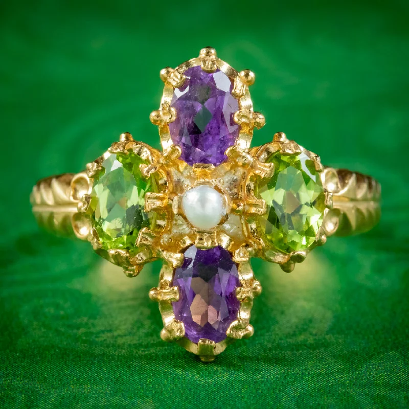 ladies-wedding-white-gold-rings-Edwardian Suffragette Style Ring Amethyst Peridot Pearl