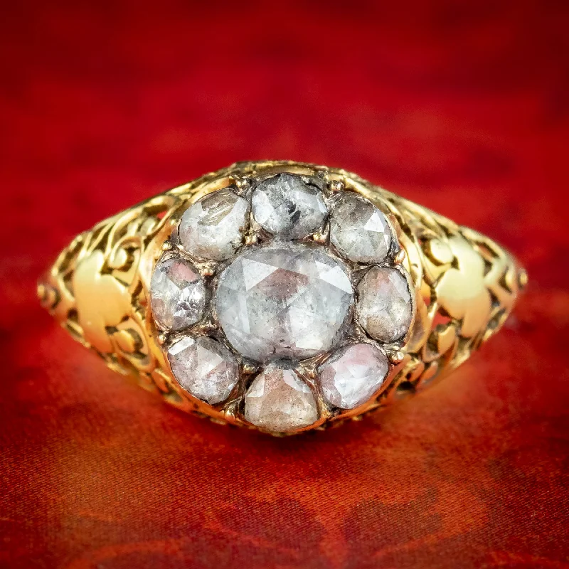 ladies-cushion-cut-gold-rings-Antique Georgian Rose Cut Diamond Cluster Ring 1.5ct Total